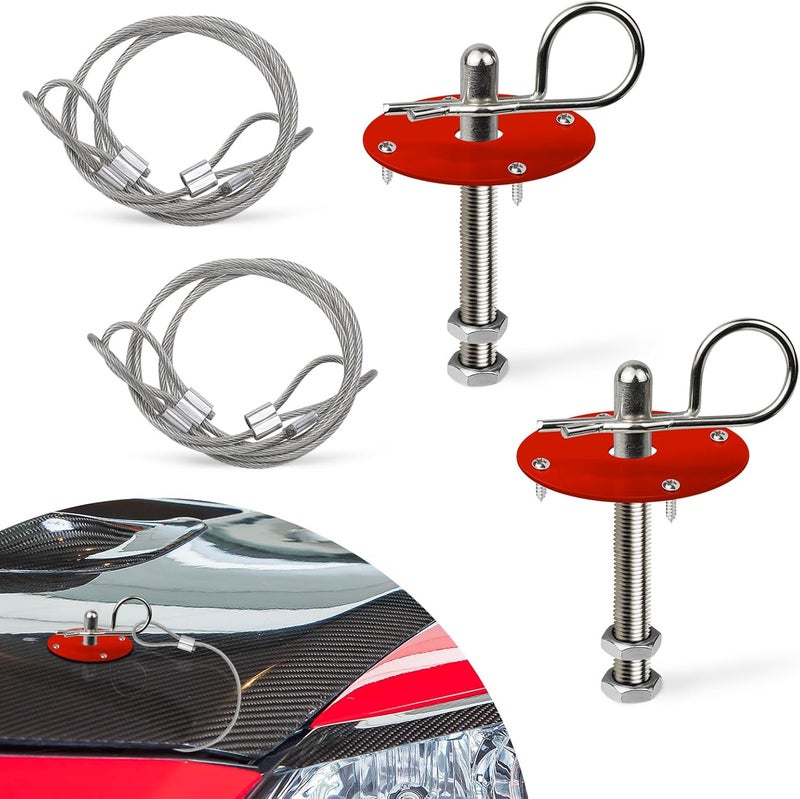 Hbxdeco 2PCS Hood Pin Kit for Car, Stainless Steel Car Hood Lock Kit with Racing Lanyard, Quick Release Car Hood Cover Latch Hood Pins to Reduce Shaking, Universal Hood Pins Lock Clip Kit (Red) - Image 1